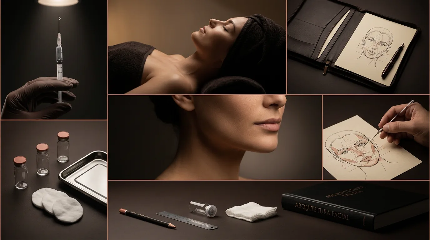 Mosaico editorial de procedimentos da harmonização facial: toxina, preenchimento, bioestimuladores, fios e Ellansé